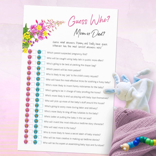 誰が母またはパパワイルドフラワー赤ちゃんシャワーゲームを推測 (Guess Who Mom or Dad Baby Shower Wildflower Game ©Susanne Sachers - Sunny Mind Design 🌞)