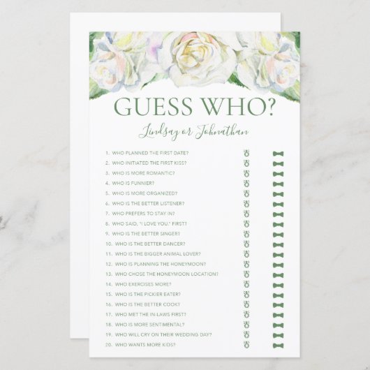 誰が白のバラエレガントスブライダルシャワーゲーム (正面/裏面)