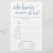 誰が知っているママ、青い赤ちゃんシャワー紙ゲームカード チラシ (正面)