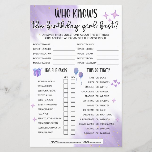 誰が知っている誕生日の女の最高の子のゲーム – 紫 (正面)