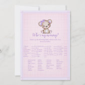 誰が私のママかわいい紫のクマベビーゲームカード 招待状 (正面)