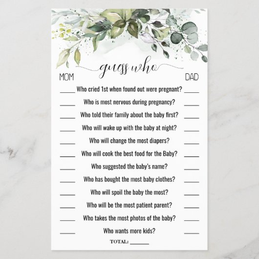 誰が緑の赤ちゃんシャワーのゲームカード チラシ (正面)