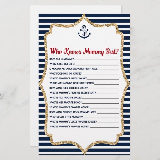 誰が航海のママの赤ちゃんシャワーのゲームを知っている 便箋 (正面/裏面)