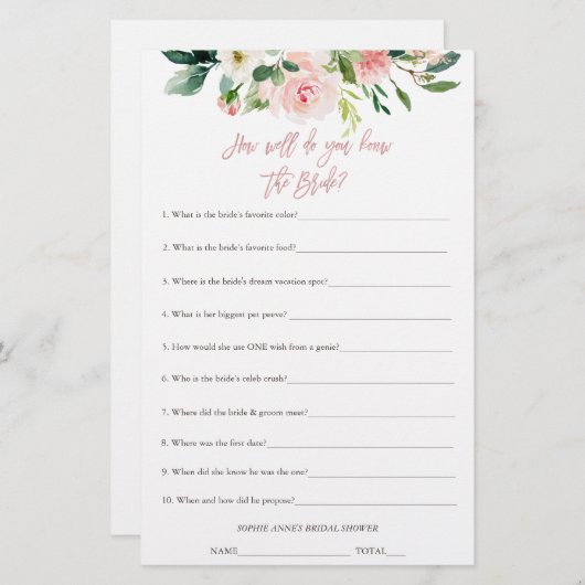 誰が花嫁のブライダルシャワーゲームを知っ最高のている (正面/裏面)