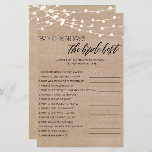 誰が花嫁の最高のブライダルシャワーゲーム (正面/裏面)