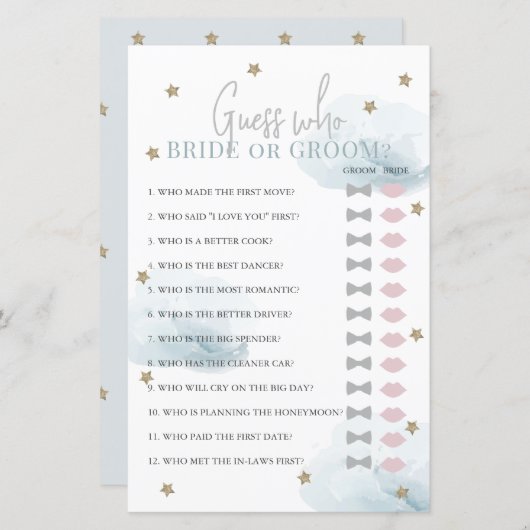 誰が花嫁または花婿ブルーのブライダルシャワーゲーム (正面/裏面)