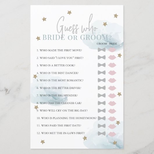 誰が花嫁または花婿ブルーのブライダルシャワーゲーム (正面)