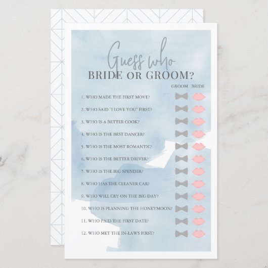 誰が花嫁または花婿ブルーのブライダルシャワーゲーム (正面/裏面)