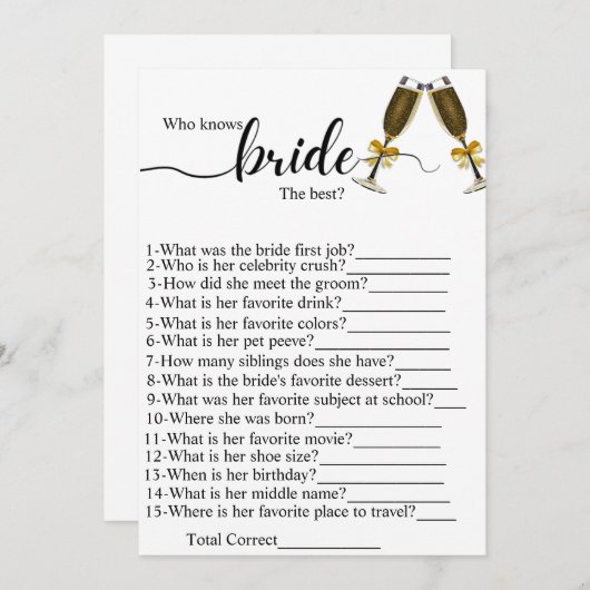誰が花嫁を知っている最高のブライダルシャワーゲーム プログラム (正面/裏面)