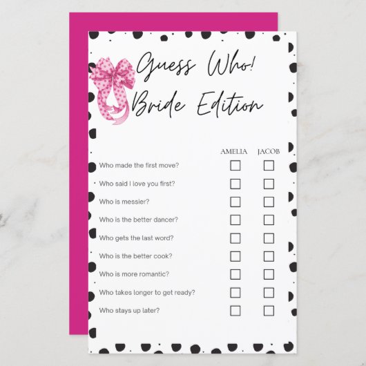 誰が花嫁エディションのピンクのブライダルシャワーゲーム (正面/裏面)