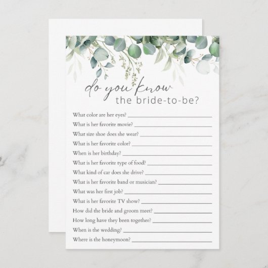 誰が花嫁ユーカリブライダルシャワーゲームを知っている エンクロージャーカード (正面/裏面)