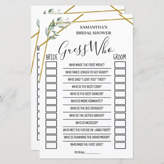 誰が英語のブライダルシャワーのゲスペインのーム (正面/裏面)