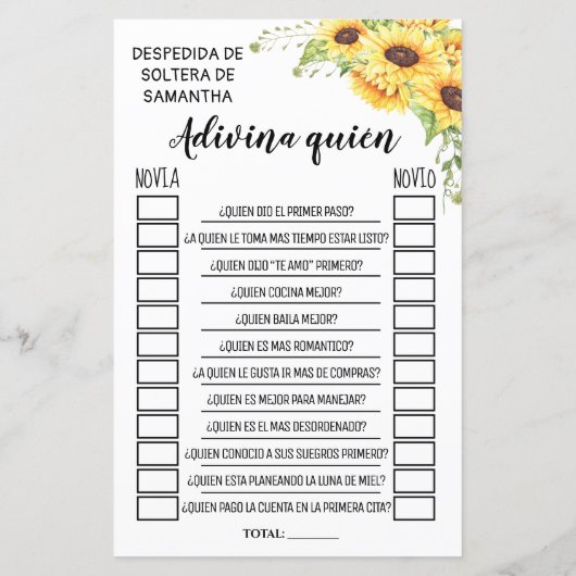 誰が英語のブライダルシャワーのゲスペインのーム (裏面)