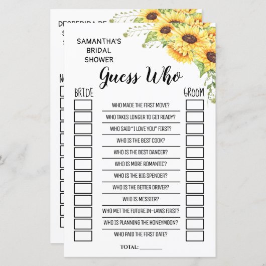 誰が英語のブライダルシャワーのゲスペインのーム (正面/裏面)