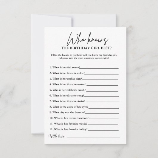 誰が誕生日ガール最高のパーティーゲームのカードを知っている 招待状 (正面)