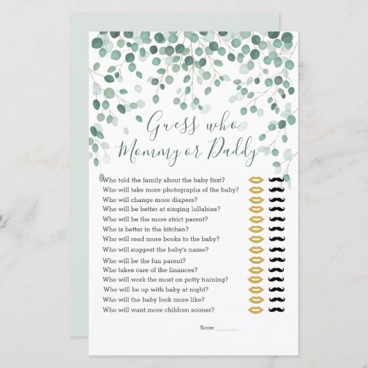 誰が赤ちゃんシャワーのゲームのユーカリ葉ス (正面/裏面)