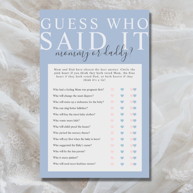 誰が赤ちゃんシャワーのゲームを言ったほこりっぽい青の推測 (Minimalist, simple Guess Who Said It baby shower game in dusty blue)