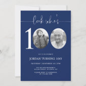 誰が100人か見る | ネイビー100番目の誕生日招待状 招待状 (正面)