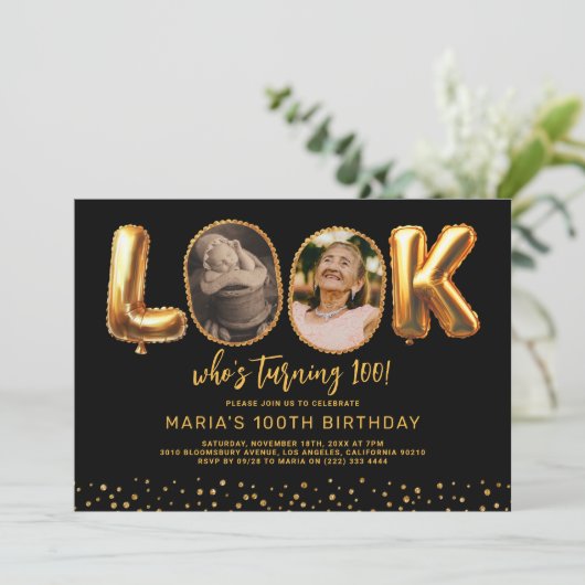誰が100歳になった? ブラックゴールドフォト 100歳の誕生日 招待状 (スタンド正面)
