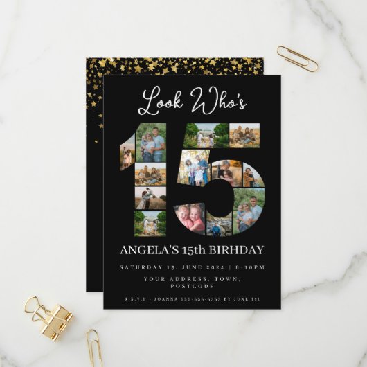 誰が15歳になったか フォトコラージュのキンチェアの招待状 インビテーションポストカード (正面/裏面インサイチュ)