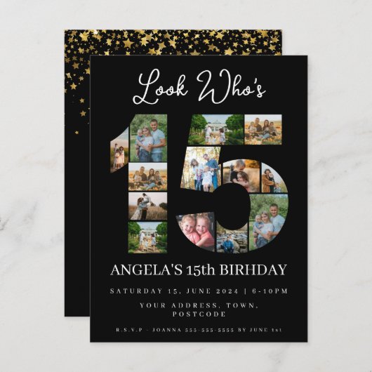 誰が15歳になったか フォトコラージュのキンチェアの招待状 インビテーションポストカード (正面/裏面)