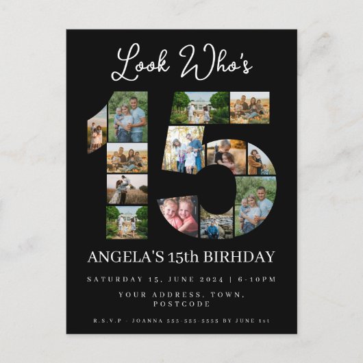 誰が15歳になったか フォトコラージュのキンチェアの招待状 インビテーションポストカード (正面)