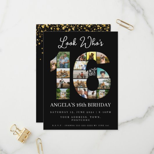 誰が16歳になったか見てみて スイート16の誕生日写真招待状 インビテーションポストカード (正面/裏面インサイチュ)