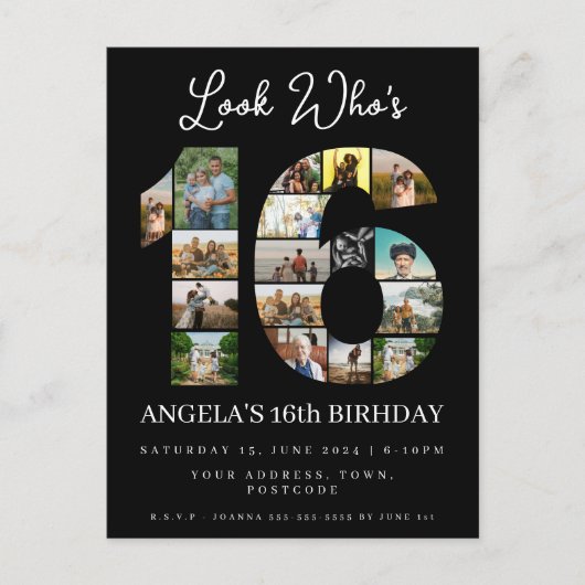 誰が16歳になったか見てみて スイート16の誕生日写真招待状 インビテーションポストカード (正面)