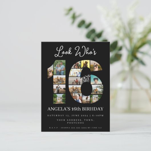 誰が16歳になったか見てみて スイート16の誕生日写真招待状 インビテーションポストカード (スタンド正面)