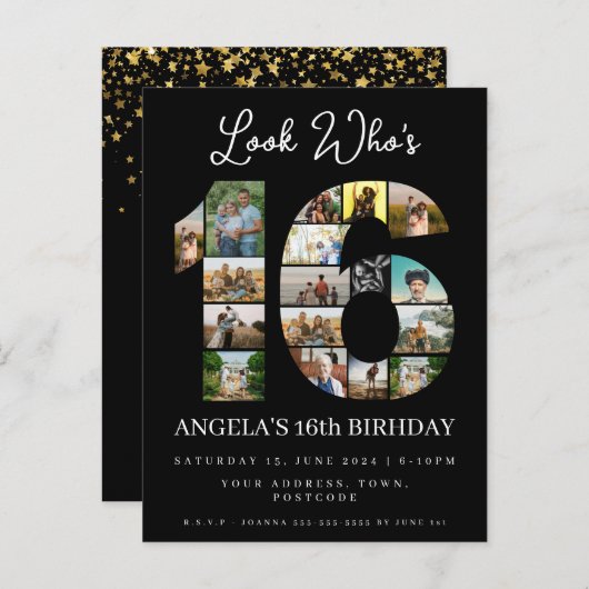 誰が16歳になったか見て　スウィート16の誕生日　写真招待状 インビテーションポストカード (正面/裏面)