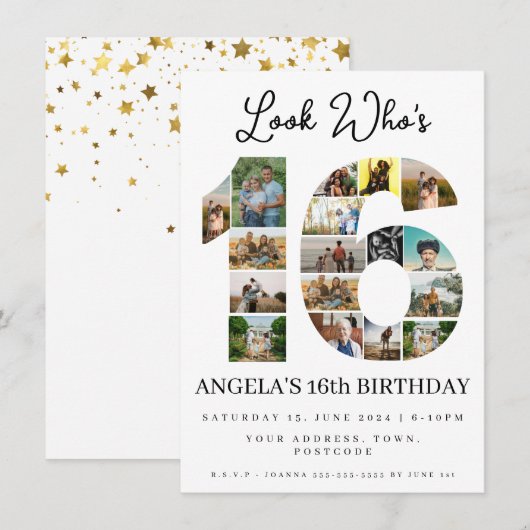 誰が16歳になったのか、写真のコラージュでお祝いしよう 招待状 (正面/裏面)