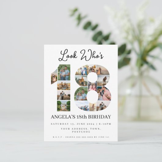 誰が18カスタマイズ可能なフォトコラージュの看板 インビテーションポストカード (スタンド正面)