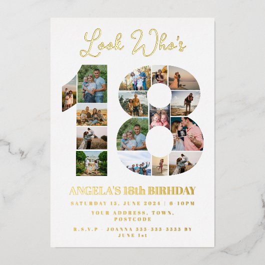 誰が18フォトコラージュの10代の若者誕生日 箔招待状 (正面)
