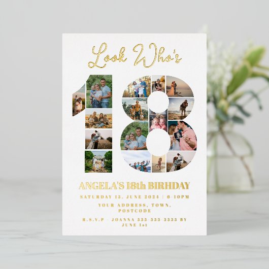 誰が18フォトコラージュの10代の若者誕生日 箔招待状 (立ち正面)