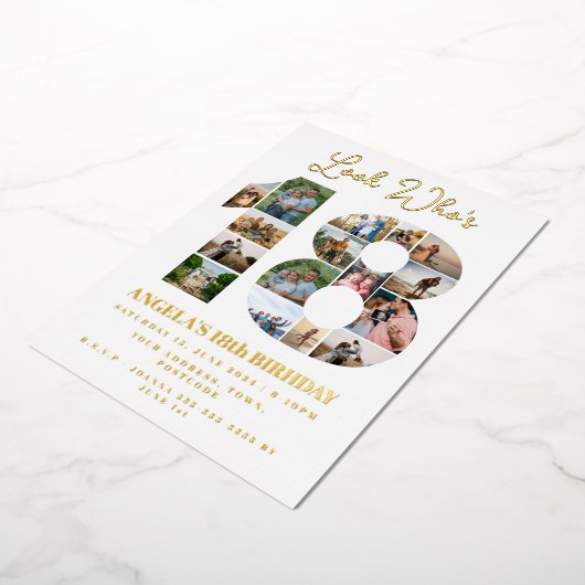 誰が18フォトコラージュの10代の若者誕生日 箔招待状 (回転した状態)