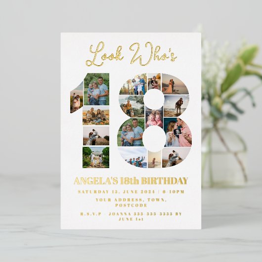 誰が18フォトコラージュの10代の若者誕生日 箔招待状 (立ち正面)