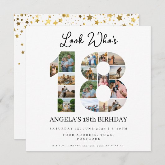 誰が18歳になったか写真コラージュ ティーンエイジャーの誕生日 招待状 (正面/裏面)