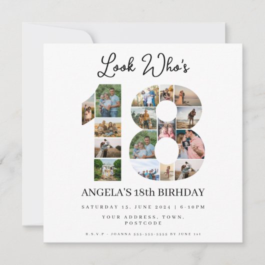 誰が18歳になったか写真コラージュ ティーンエイジャーの誕生日 招待状 (正面)