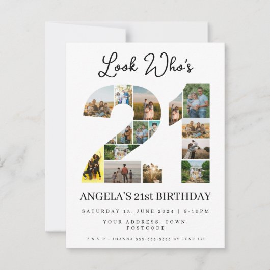 誰が21歳になったか見て！ フォトコラージュのサインでお誕生日おめでとう 招待状 (正面)
