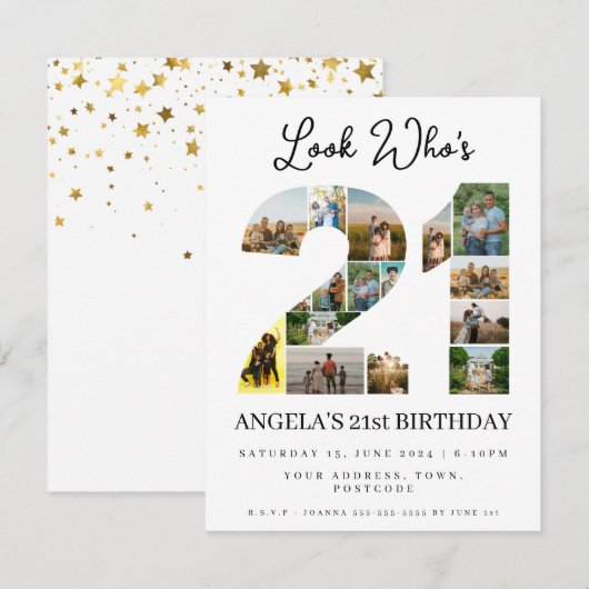 誰が21歳になったか見て！写真コラージュのサインでお誕生日おめでとう 招待状 (正面/裏面)