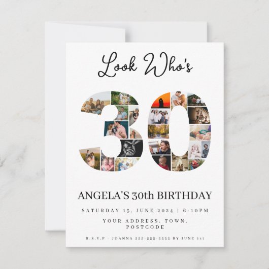 誰が30歳になったか見て！ハッピーバースデーの写真モンテージ 招待状 (正面)