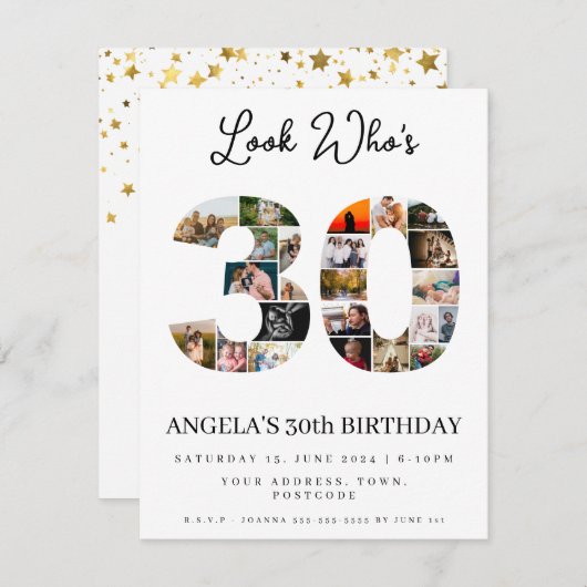 誰が30歳になったか見て！ハッピーバースデーの写真モンテージ 招待状 (正面/裏面)