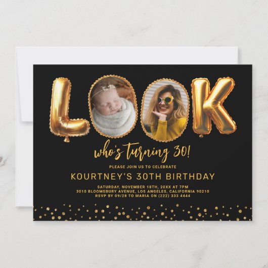 誰が30歳になったのか ブラックゴールド フォト サーティー 誕生日 招待状 (正面)