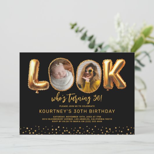 誰が30歳になったのか ブラックゴールド フォト サーティー 誕生日 招待状 (スタンド正面)