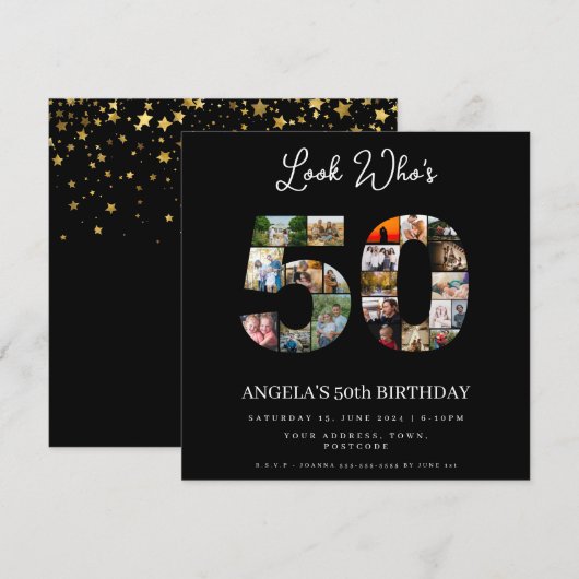 誰が50歳だなんて！おめでとう50歳の誕生日 フォト コラージュ 招待状 (正面/裏面)