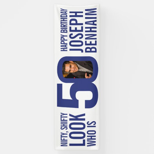 誰が50 50th誕生日パーティー写真の青い白 横断幕 (縦)