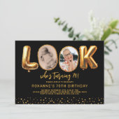 誰が70歳になったか ブラックゴールド フォト セブンティ 誕生日 招待状 (スタンド正面)