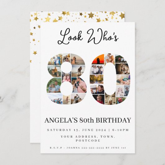 誰が80の祖父母の誕生日を見るフォトコラージュ 招待状 (正面/裏面)