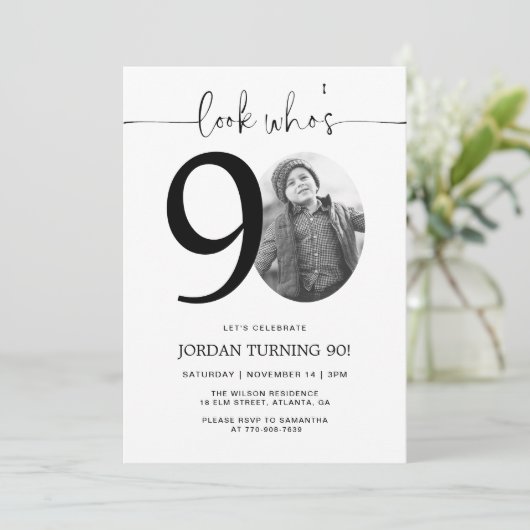 誰が90歳か見て | 写真90番目の誕生日招待状 招待状 (スタンド正面)