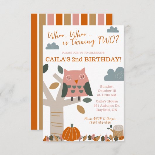 誰がTWO秋フクロウ秋の誕生日パーティーを回している 招待状 (正面/裏面)